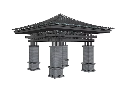 Traditional Landscape Pavilion With Stone Columns And Curved Roof Architectural Design 3d model