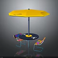 Outdoor Furniture Set With Yellow Umbrella Round Table And Colorful Chairs With Blue Legs