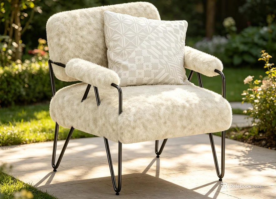 Cream Fluffy Leisure Chair With Black Metal Frame And Geometric Pillow In Outdoor Garden 3d model 