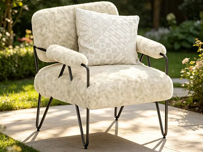 Cream Fluffy Leisure Chair With Black Metal Frame And Geometric Pillow In Outdoor Garden 3d model