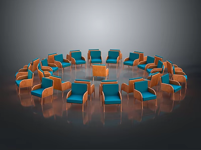 Modern Blue and Orange Chairs in Circular Arrangement With Small Center Table 3d model