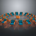 Modern Blue and Orange Chairs in Circular Arrangement With Small Center Table