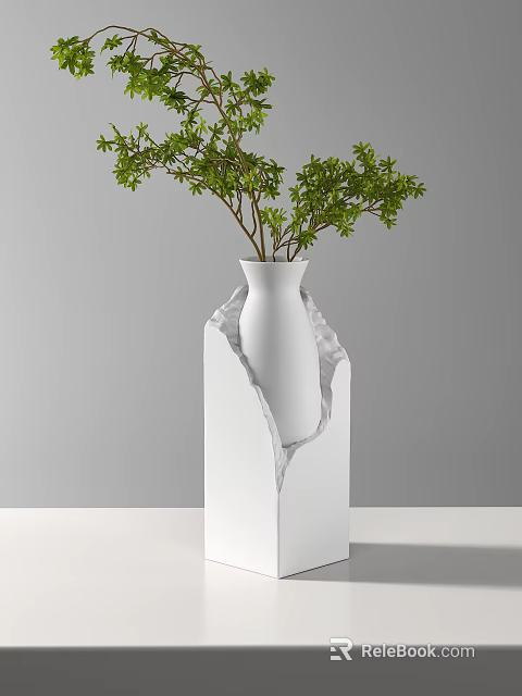 White Vase With Green Foliage On Marble Base Modern Decorative Interior 3d model 