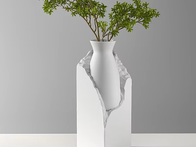 White Vase With Green Foliage On Marble Base Modern Decorative Interior 3d model
