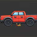 Red Pickup Truck With Cartoon Character Standing Beside Tripod And Tools