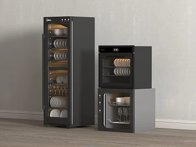 Modern Black And Gray Kitchen Appliances With Dishes And Glasses Storage 3d model