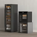 Modern Black And Gray Kitchen Appliances With Dishes And Glasses Storage