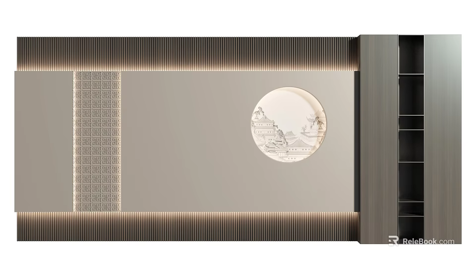 Modern Chinese Background Wall With Circular Landscape Carving And Vertical Striped Lighting Design 3d model 
