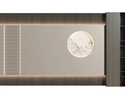 Modern Chinese Background Wall With Circular Landscape Carving And Vertical Striped Lighting Design 3d model