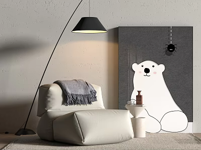 Cozy White Bean Bag Chair With Gray Blanket And Polar Bear Painting Near Floor Lamp 3d model