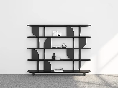 Modern Black Curved Design Shelving Unit With Multiple Shelves And Decorative Items 3d model