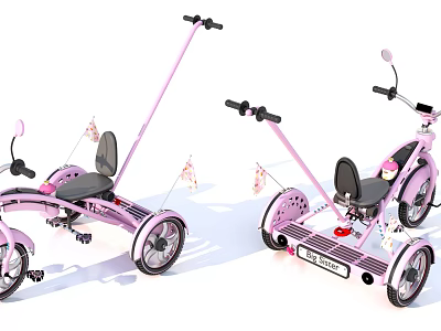 Pink Kids Tricycle With Push Handle Black Seat And Decorative Flags 3d model