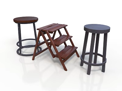 Wooden Stools And Step Stool With Dark Seats And Sturdy Legs 3d model
