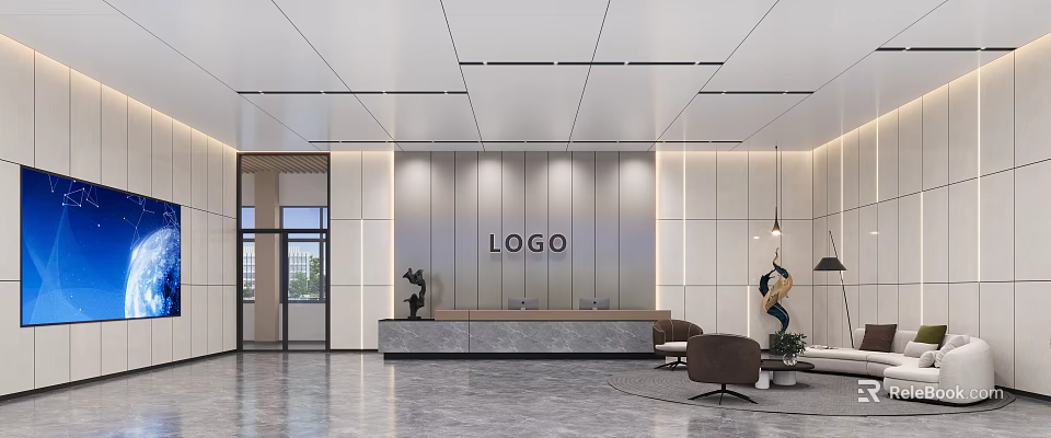 Modern Front Desk Reception With Marble Wall LOGO Background Sofa Seating And Sculpture Decor 3d model