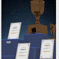 Gold Trophy Surrounded By Certificates And Licenses In Starry Sky 3d model