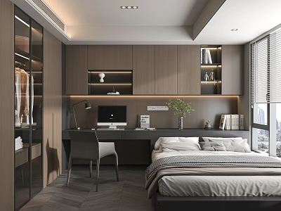 Modern Tatami Bedroom Interior With Built in Storage Desk Wooden Cabinetry Plants And Natural Light 3d model