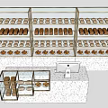Bakery Display Shelves with Multiple Glass Tiers for Bread Pastries and Counter With Cashier Computer