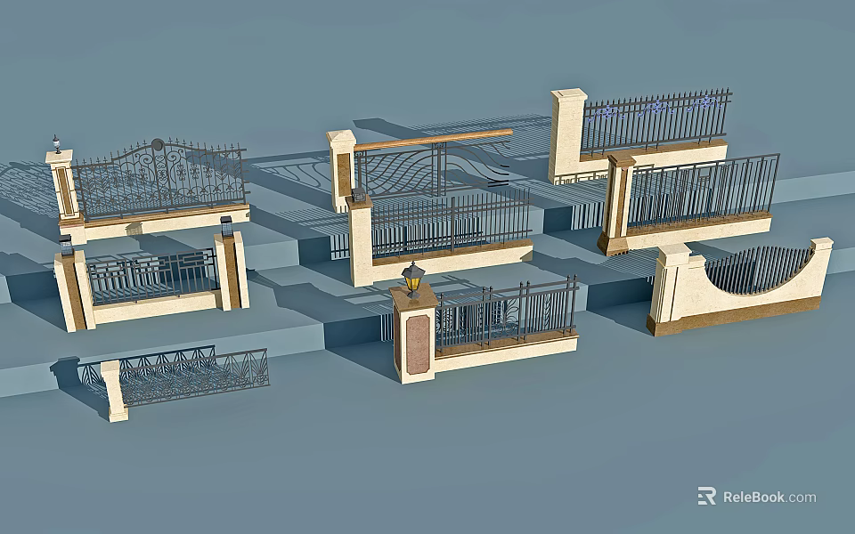 Entry Gates With Various Iron Railing Designs And Decorative Pillars 3d model