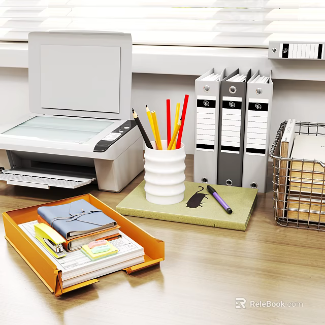 Neat Office Workspace Featuring Printer Binders Colored Pencils Notebook File Tray And Wire Basket 3d model
