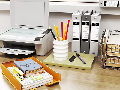 Neat Office Workspace Featuring Printer Binders Colored Pencils Notebook File Tray And Wire Basket 3d model