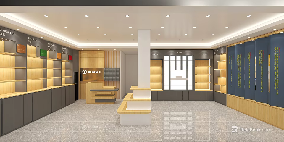Modern Retail Store Interior With Wooden Display Shelves And Counter Layout 3d model 