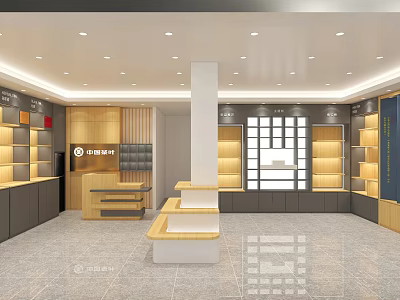 Modern Retail Store Interior With Wooden Display Shelves And Counter Layout 3d model