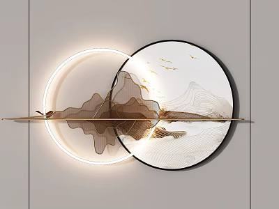 Illuminated Circular Wall Decor With Mountain Pattern Flying Birds And Golden Accents 3d model