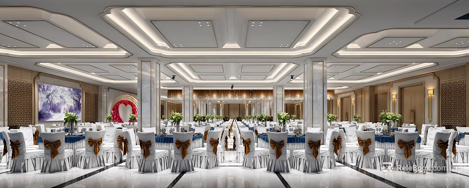 Luxurious Banquet Hall Interior With White Chairs Gold Bows And Green Floral Arrangements 3d model 