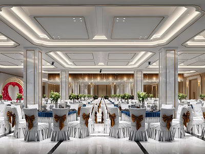 Luxurious Banquet Hall Interior With White Chairs Gold Bows And Green Floral Arrangements 3d model
