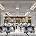 Luxurious Banquet Hall Interior With White Chairs Gold Bows And Green Floral Arrangements