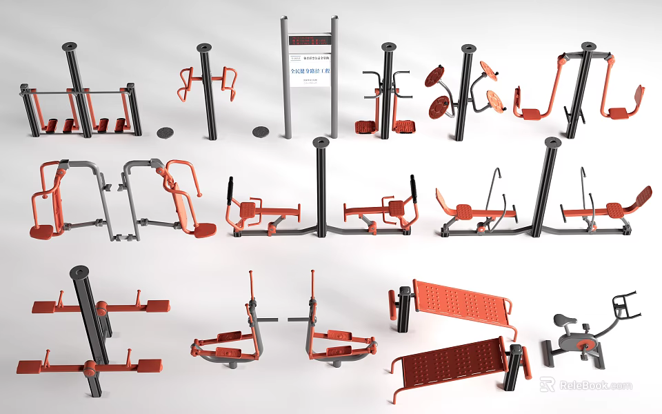 Outdoor Playground Equipment Set With Various Types Red And Black Metal 3d model 