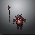 Red Horned Demon Creature With Spiked Armor And Chain Staff Weapon 3d model