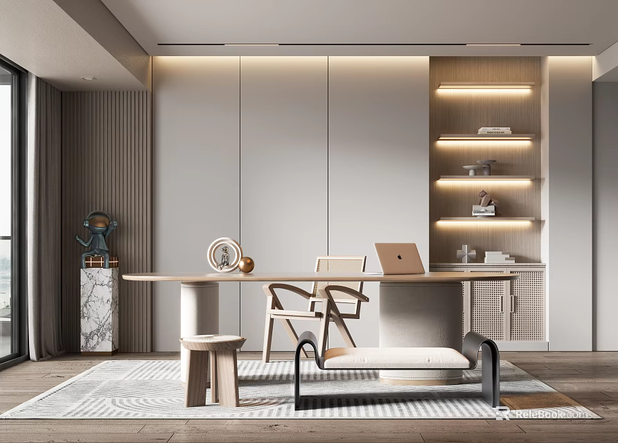 Modern Study Room Interior Design With Round Desk Chair Laptop And Lit Shelves 3d model 