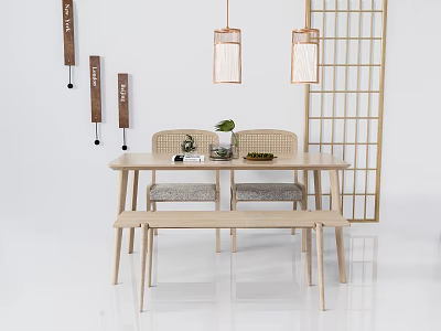 Minimalist Japanese Dining Table Set With Wooden Table Chairs Bench And Pendant Lights 3d model