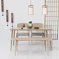 Minimalist Japanese Dining Table Set With Wooden Table Chairs Bench And Pendant Lights