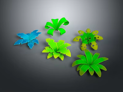 Vibrant Paper Craft Plants With Blue Green Yellow Flower Leaf Shapes On Gray Background 3d model