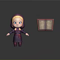 Cute Blond Haired Blue Eyed Cartoon Character In Purple Outfit With Open Red Book