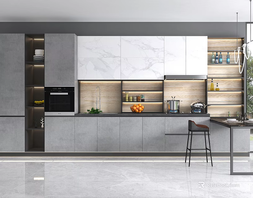 Modern Kitchen Interior Design With Gray White Cabinets Marble Countertops And Island 3d model 