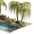 Outdoor Poolside Lounge Space with Thatched Umbrella Lounge Chairs Palm Trees and Greenery