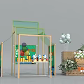 Stylish Green Gold Exhibition Booth With Balloons Plants And Display Shelves