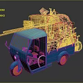Blue Tricycle Loaded With Red Bag Yellow Box Pink Tools Wooden Sticks And Bicycle Wheel