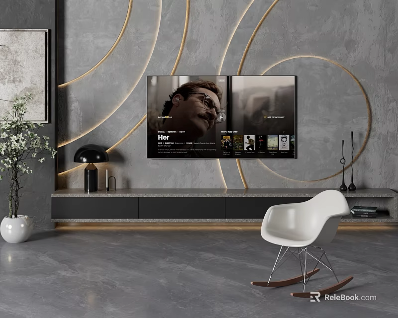 Modern Minimalist TV Wall Design With Curved Lines TV Stand And Rocking Chair 3d model 