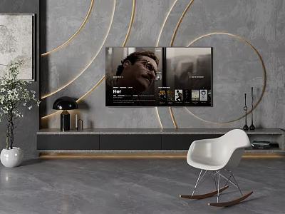 Modern Minimalist TV Wall Design With Curved Lines TV Stand And Rocking Chair 3d model