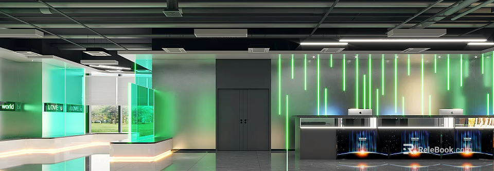 Modern Office Reception Desk Interior With Green Light Strips And Gray Doors 3d model 