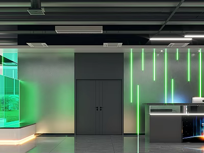 Modern Office Reception Desk Interior With Green Light Strips And Gray Doors 3d model