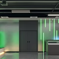 Modern Office Reception Desk Interior With Green Light Strips And Gray Doors
