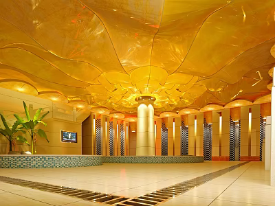 Elegant Hotel Lobby With Golden Lotus Shaped Ceiling And Marble Floor 3d model