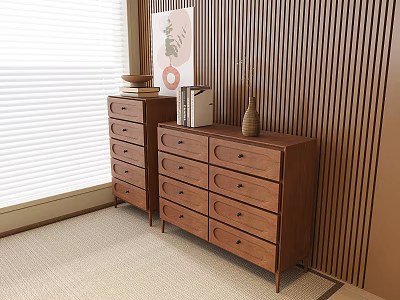 Modern Wooden Entryway Cabinet and Side Cabinet with Blinds Wall Painting Books Vase 3d model
