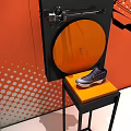Modern Shop Window Display With Orange Polka Dot Background Sneakers Black Frames And Display Stands