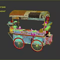 Colorful Street Food Cart With Red Blue Canopy And Waffle Snacks
